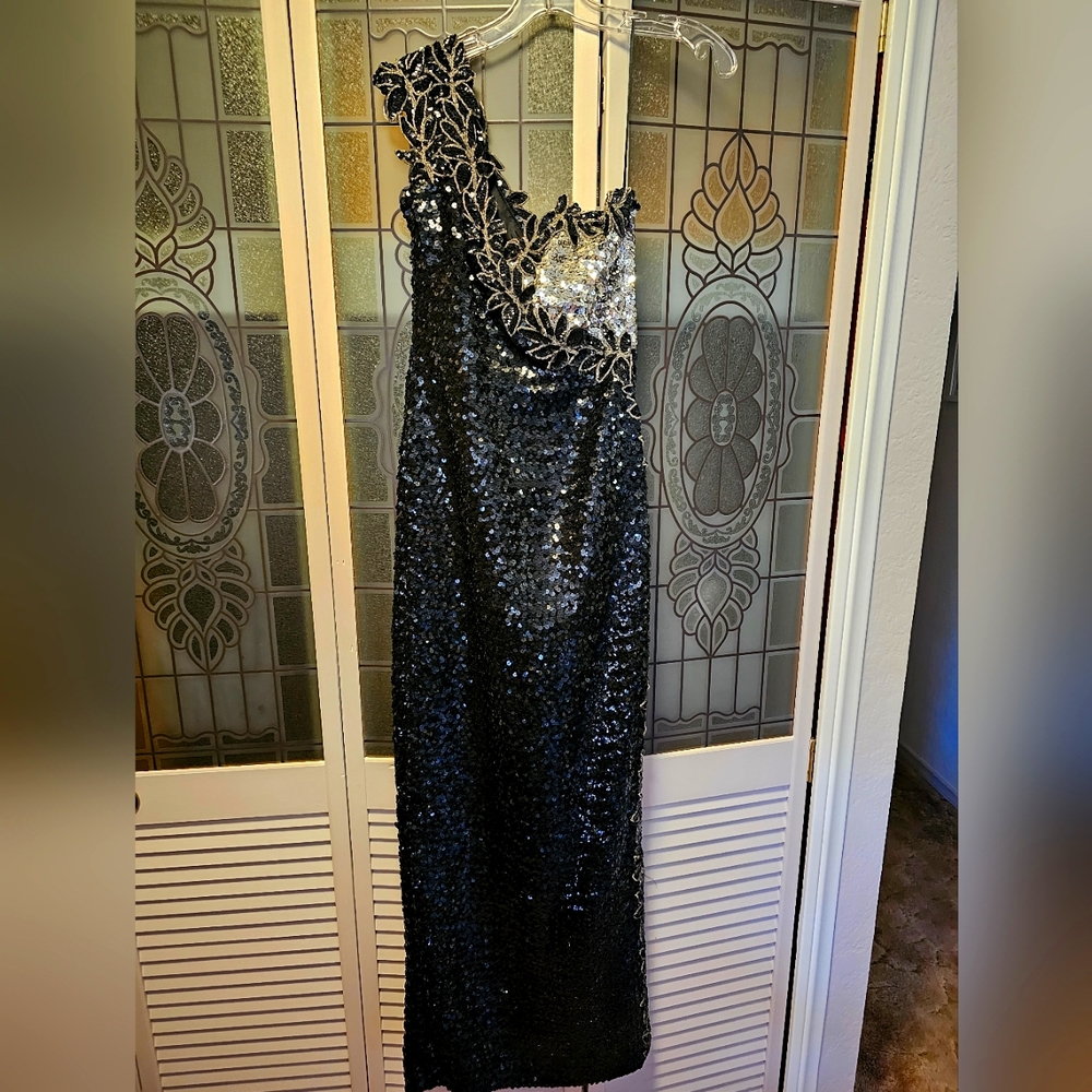 One shoulder, black and silver sequin evening gown